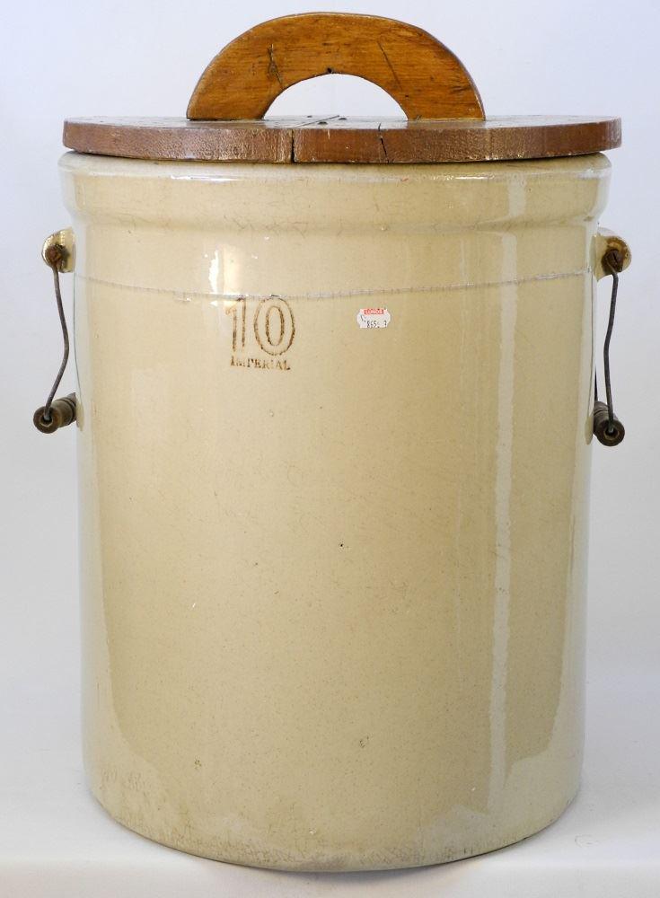 10 Gallon Stoneware Crock with Wood Cover, 19" high. (1 of 3)