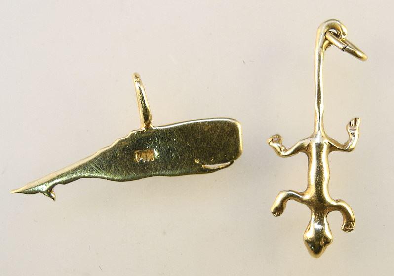 2 14K Gold Charms, Whale & Lizard, 0.07ozt.: 2 14K Gold Charms, Whale & Lizard, 0.07ozt.