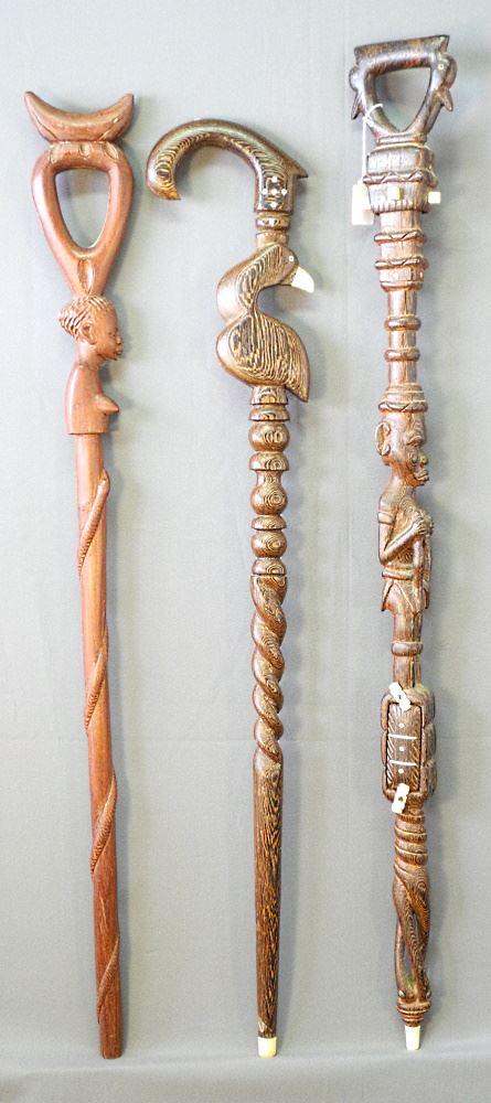 3 African Carved Wood Canes, 35 1/2" - 38 1/2" high. (1 of 2)