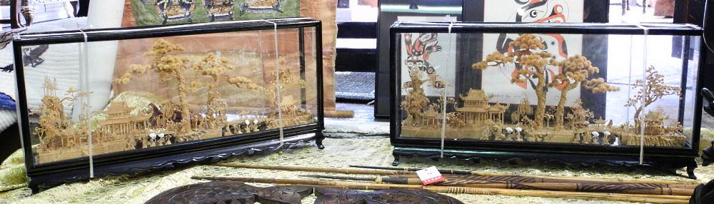 Pair of Chinese Cork Dioramas, 23 3/4" wide, 11 1/2" x: Pair of Chinese Cork Dioramas, 23 3/4" wide, 11 1/2" x 23 1/2" x 4 1/4" with original foam