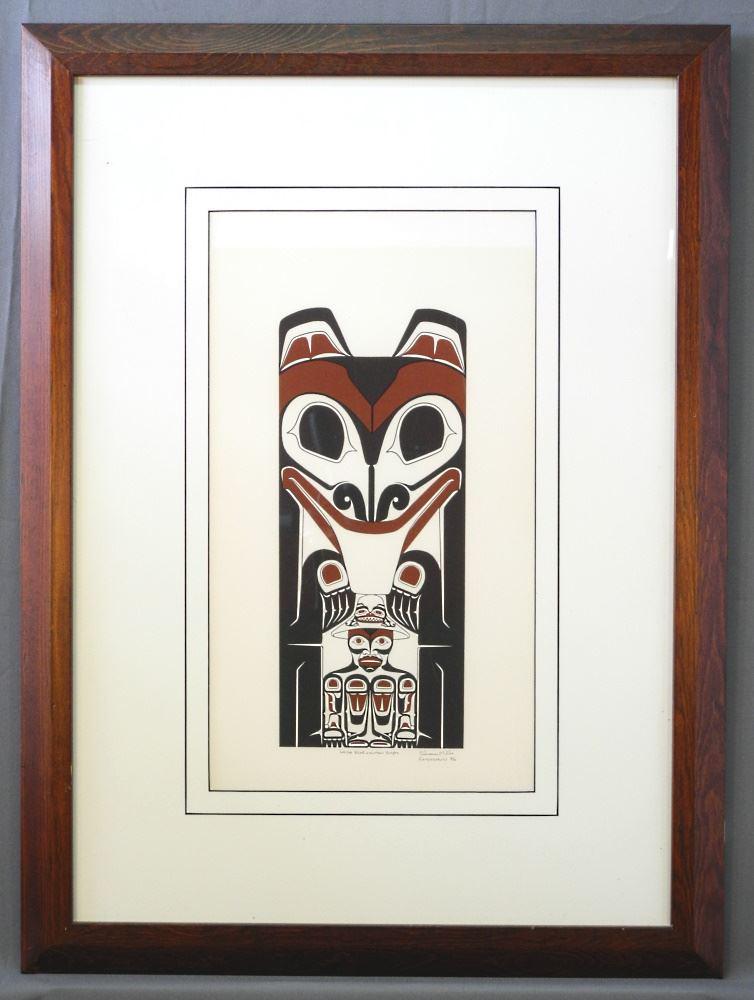 Serigraph Signed Clarence Mills'86, 18 1/2" x 10 1/4",: Serigraph Signed Clarence Mills'86, 18 1/2" x 10 1/4", "Haida Bear & Human Totem".