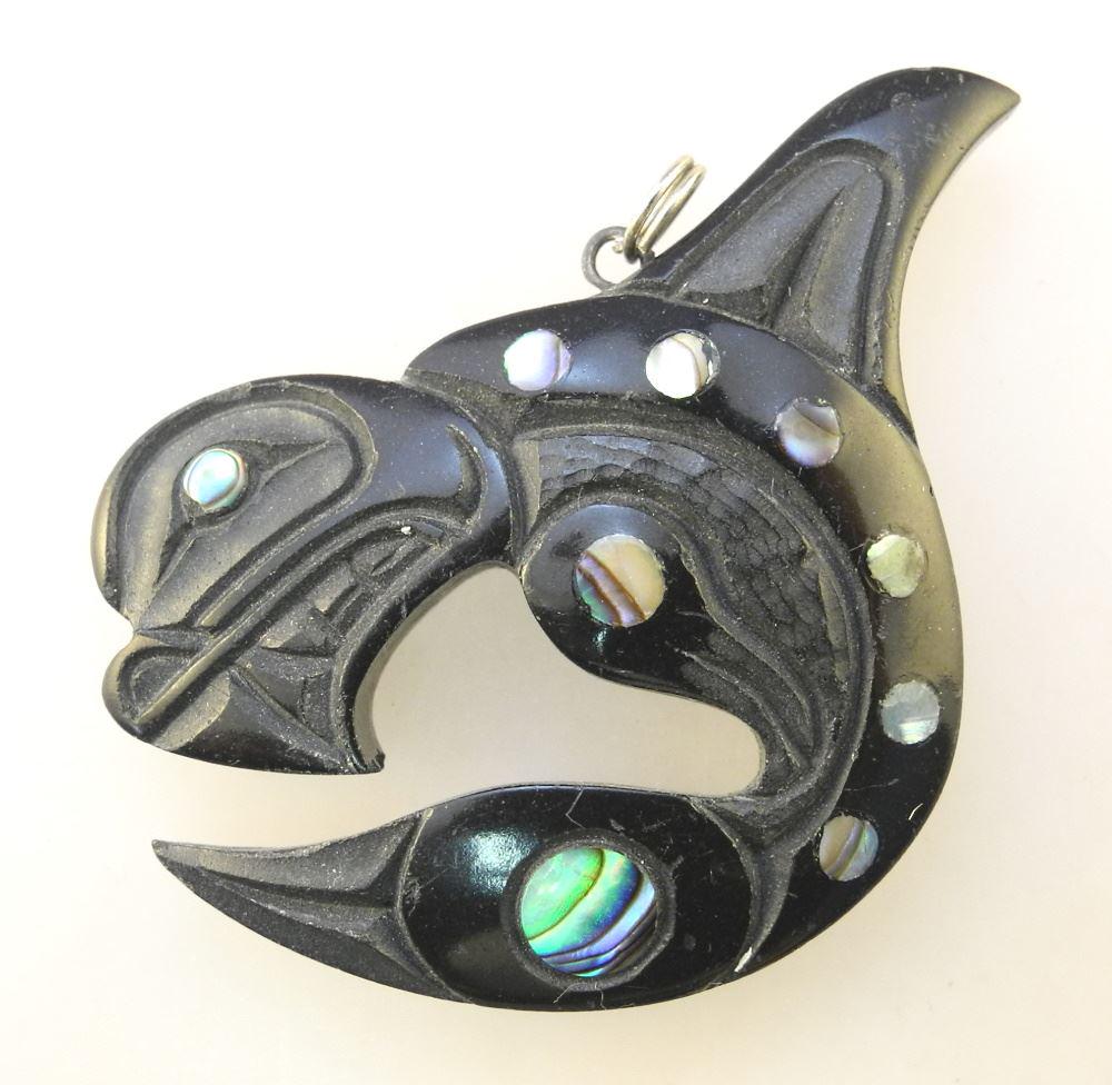 Argillite Pendant "Haida Killer Whale" signed Myles: Argillite Pendant "Haida Killer Whale" signed Myles Edgars, 2" High