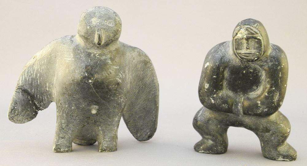2 Soapstone Sculptures of Hunter & an Owl, 1 Signed in: 2 Soapstone Sculptures of Hunter & an Owl, 1 Signed in Syllabics, owl 4 1/2" high. See condition report.
