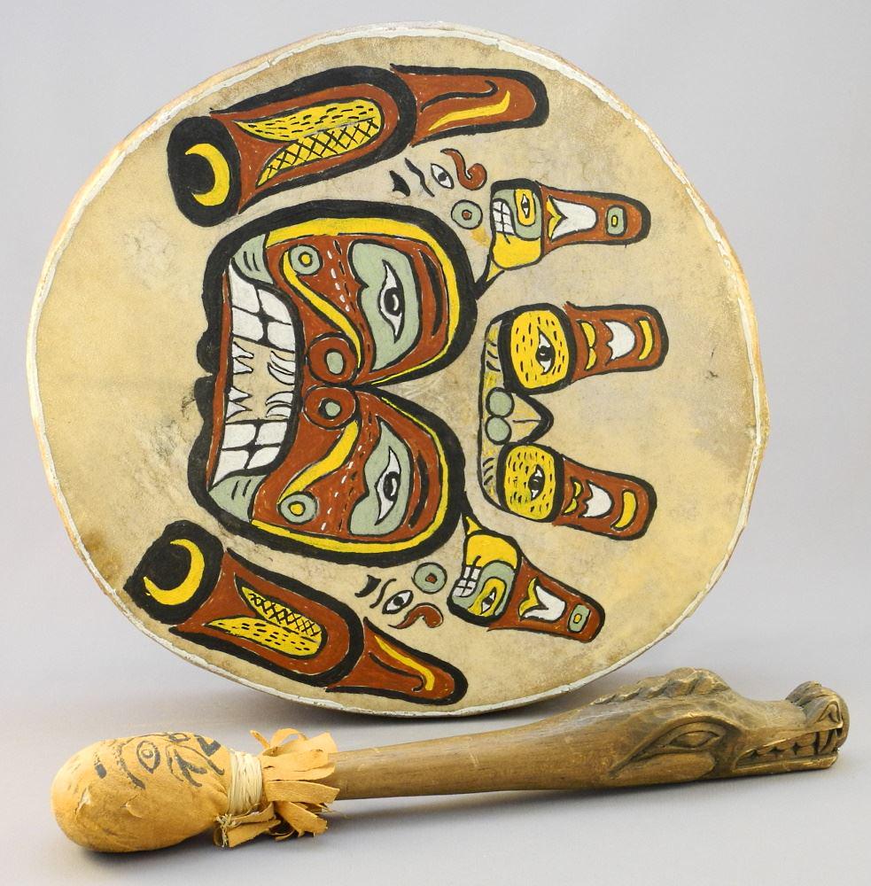 Hide Drum with Bear Design, Signed Cicero August, 12" x: Hide Drum with Bear Design, Signed Cicero August, 12" x 11 1/4" x 2 3/8".