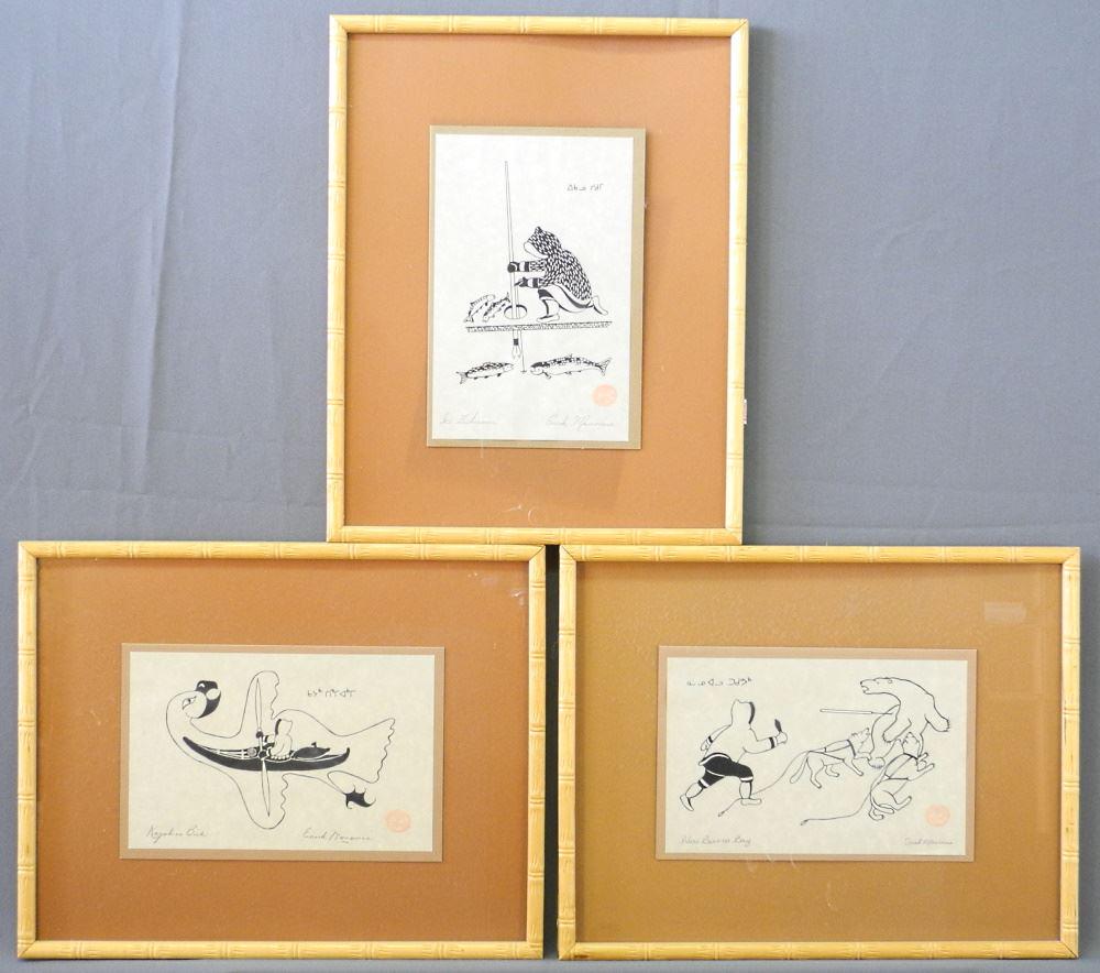3 Inuit Prints Signed Enook Manomie, Various Subjects. (1 of 3)