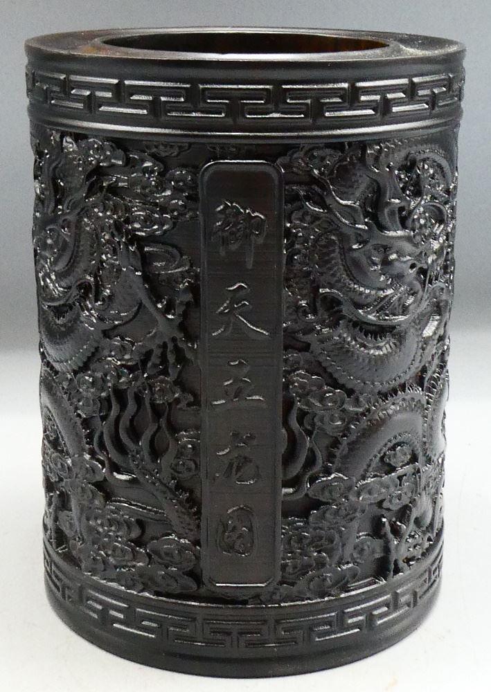 Purple Tan Wood "Heaven Guardians" Brush Pot, 6" high.: Purple Tan Wood "Heaven Guardians" Brush Pot, 6" high.