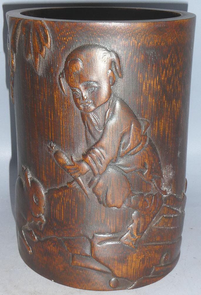 Bamboo "Happy Feeding" Scholar Brush Pot, 6 1/2" high.: Bamboo "Happy Feeding" Scholar Brush Pot, 6 1/2" high.