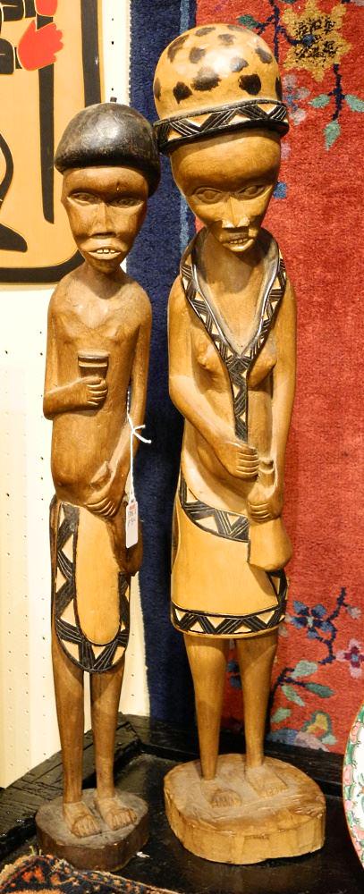 2 African Carved Wood Figures, 29 1/2" & 26" high. (1 of 1)