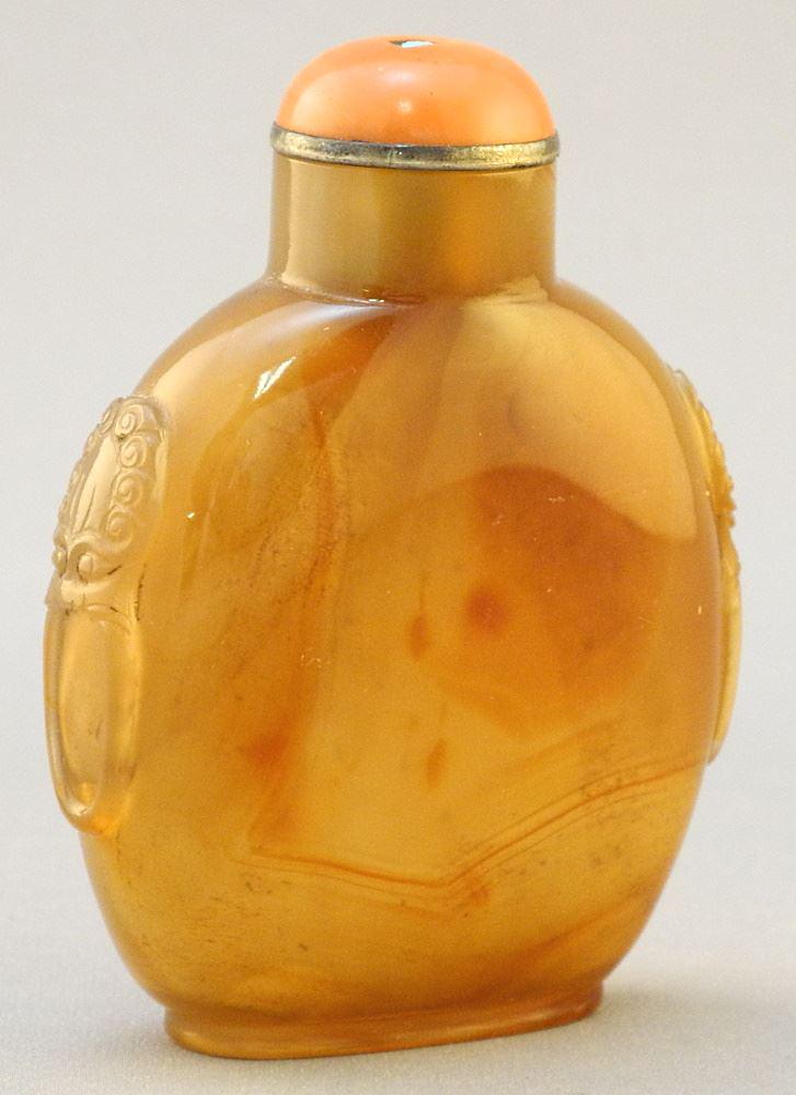 Brown Agate Quartz Snuff Bottle with shoulder mask & (1 of 3)