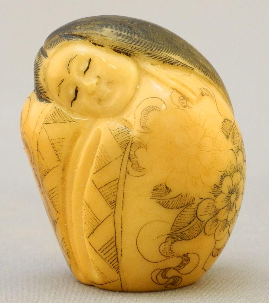 Japanese Tagua Nut Netsuke of a Sleeping Woman, 1 3/4" (1 of 3)