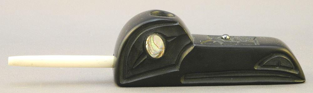 Carved Argillite Raven Pipe Signed F.J.(Fred Johnson),: Carved Argillite Raven Pipe Signed F.J.(Fred Johnson), 6 1/2" length including stem.