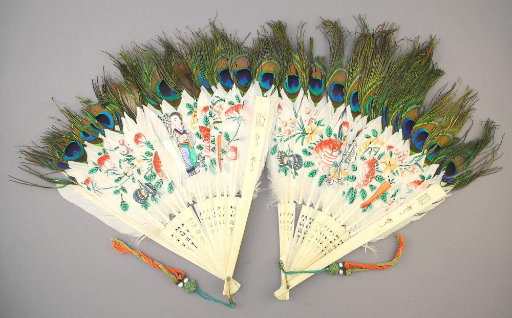 2 Chinese Export Hand Painted Peacock Feather Fans, (1 of 4)