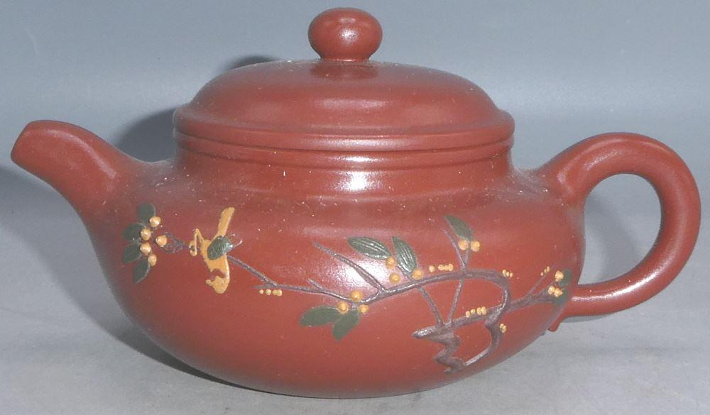 "Bird Branch" Purple Clay Teapot, stamped Wang: "Bird Branch" Purple Clay Teapot, stamped Wang Kuo-wang, 6" length.