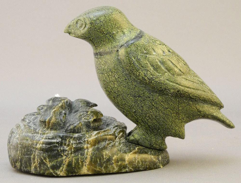 Carved Soapstone Bird & Nest Signed Mark Pitseolak, 3: Carved Soapstone Bird & Nest Signed Mark Pitseolak, 3 3/4" high.