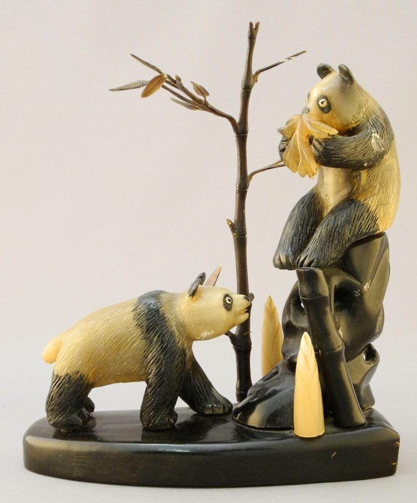 Water Buffalo Horn "Feeding Pandas" Sculpture, 7 1/4". (1 of 5)