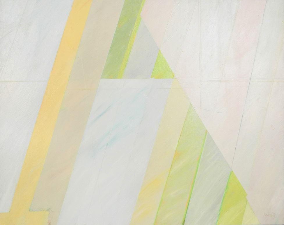 Oil & lucite signed Harvey '77, 48" x 60", "Garden: Oil & lucite signed Harvey '77, 48" x 60", "Garden Pyramid".