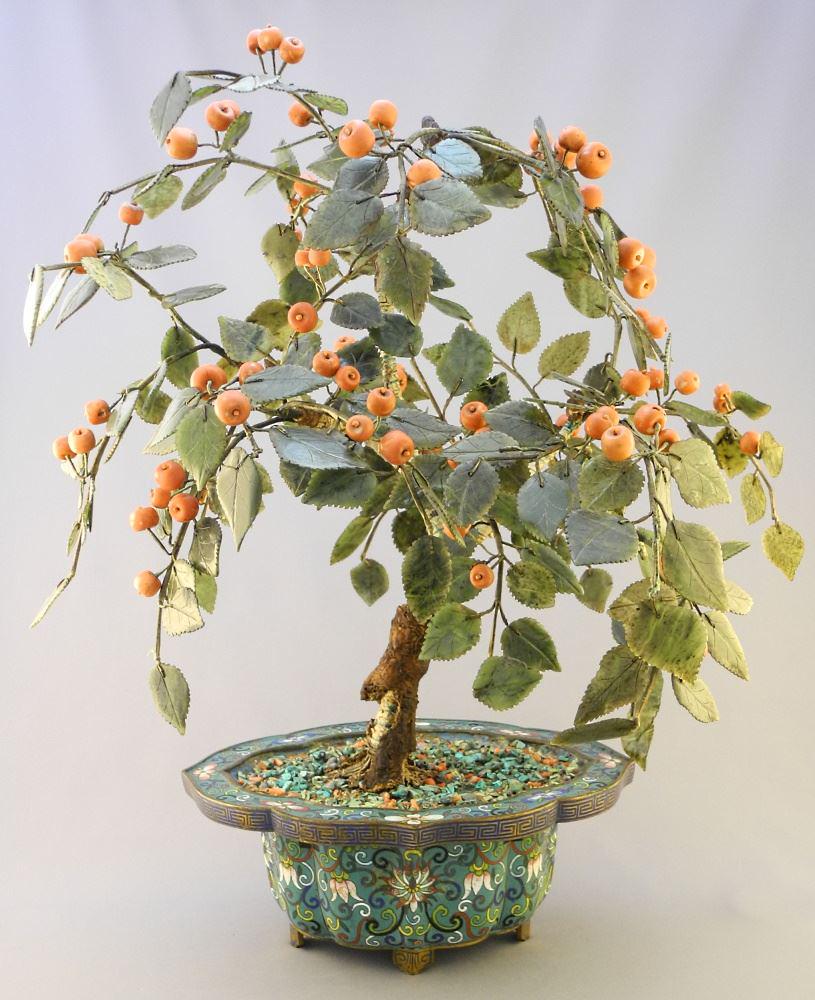 Large Jade Tree in Cloisonne Pot, as found, 19 1/2" (1 of 9)
