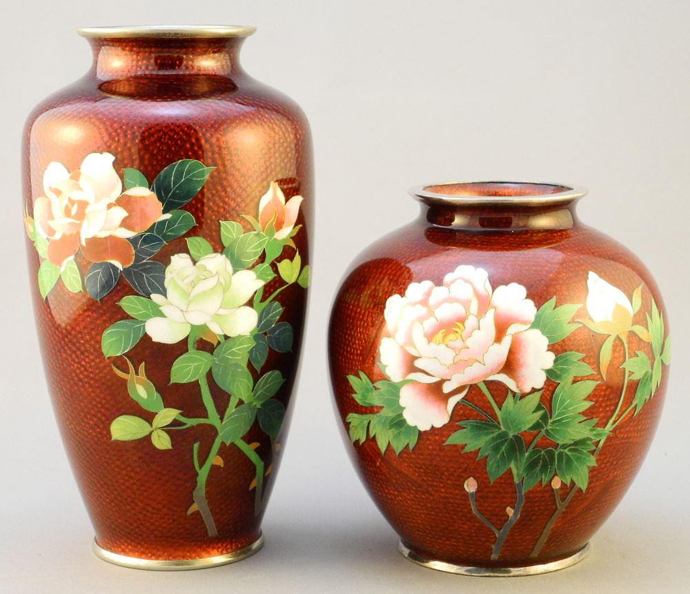 2 Akasuke Silver Wire Cloisonne Vases, 5" & 7" high. (1 of 3)