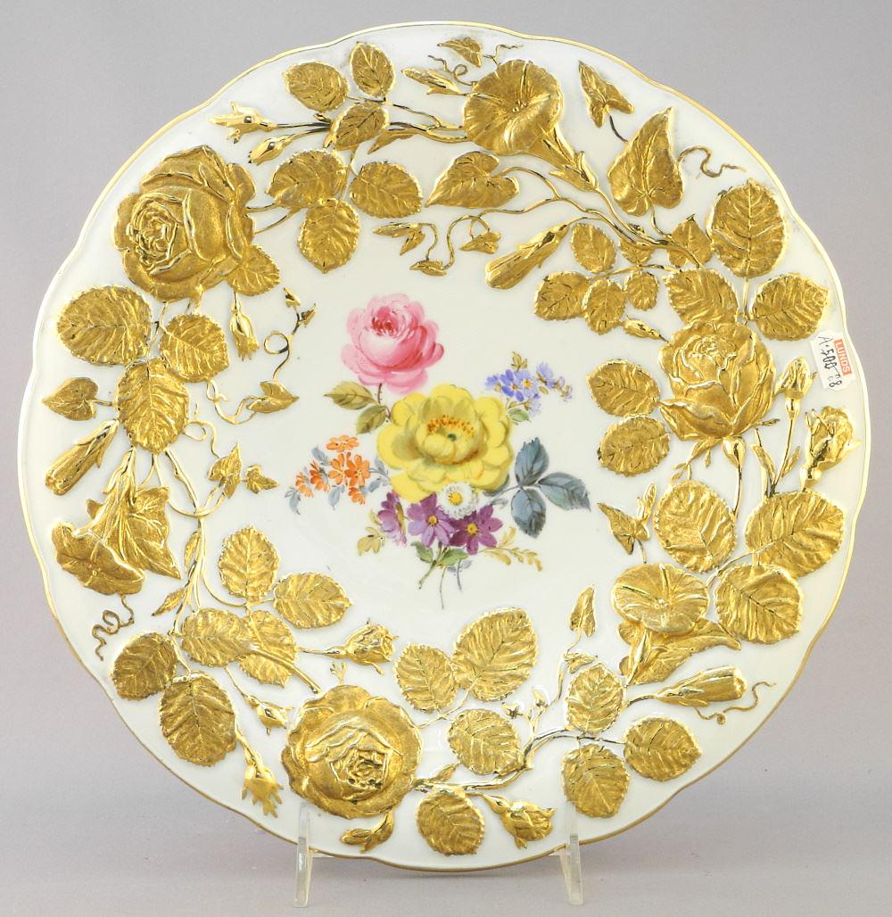 Meissen Gilt Porcelain Dish with Floral Motif, 11 3/4": Meissen Gilt Porcelain Dish with Floral Motif, 11 3/4" diameter.