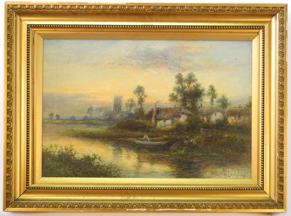 Oil on Canvas signed William Langley 15 1/2" x 23 1/2",: Oil on Canvas signed William Langley 15 1/2" x 23 1/2", "Boater with Cathedral in the Distance"