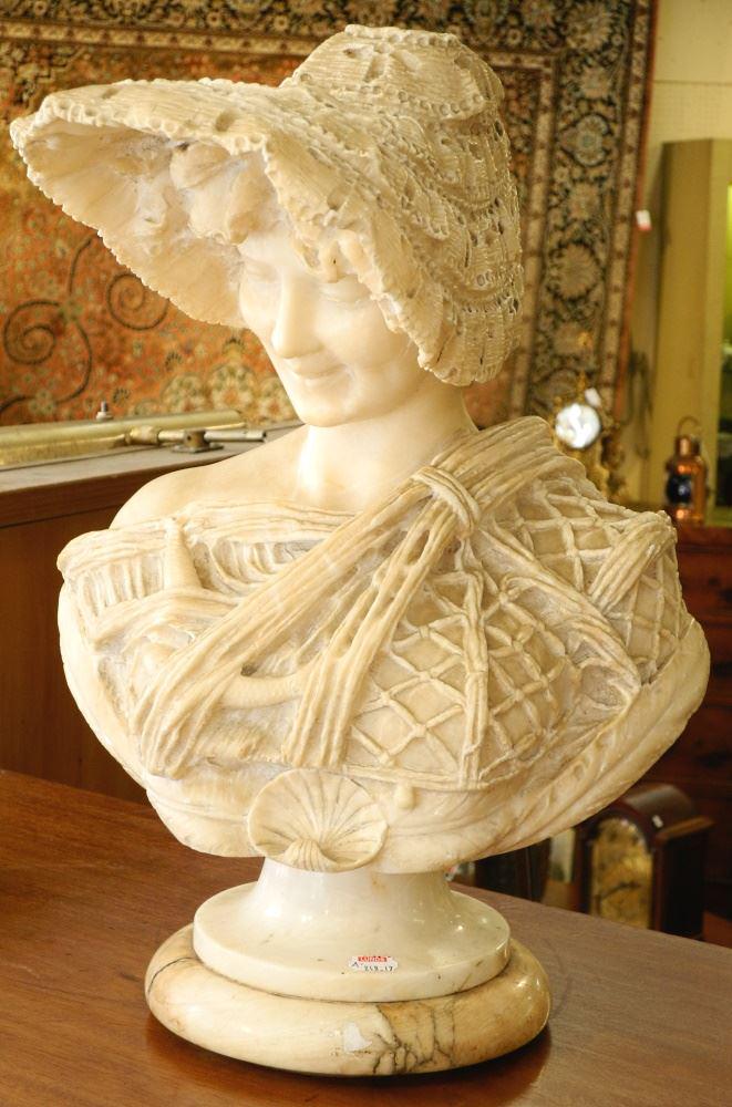 Alabaster Bust of a Young Woman in Bonnet, 18 1/4": Alabaster Bust of a Young Woman in Bonnet, 18 1/4" high.