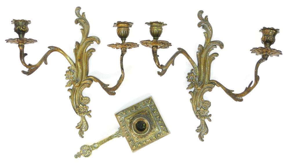 Pair of Louis XV Copper Alloy Scones & Brass Chamber: Pair of Louis XV Copper Alloy Scones & Brass Chamber Stick, 8 3/4" length.