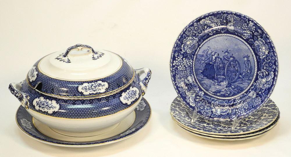 19th Century Blue & White Transfer Plates & a Burslem: 19th Century Blue & White Transfer Plates & a Burslem Tureen, Meat Strainer, tureen 13".