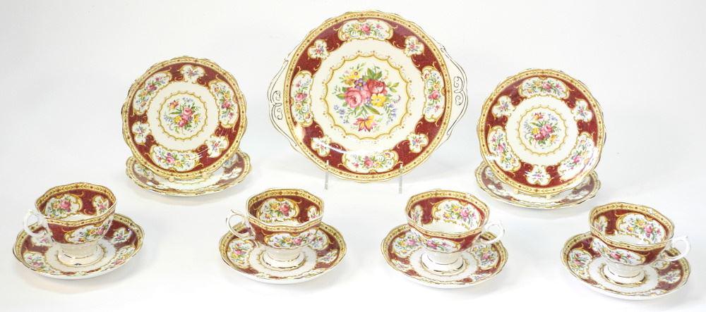 Lot of Royal Albert "Lady Hamilton" Bone China : Cake: Lot of Royal Albert "Lady Hamilton" Bone China : Cake Plate/ 3 Teacups Saucers/ etc.