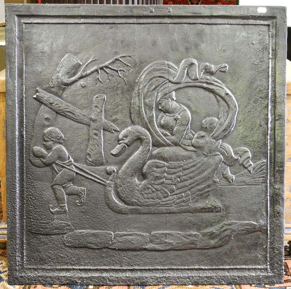 Antique Cast Iron Fire Back, Swan Boat Design, 26" x (1 of 2)