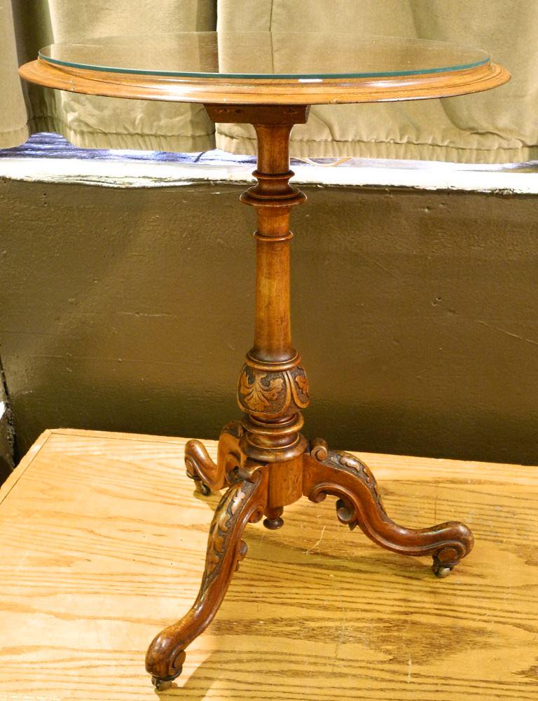 Carved Mahogany Tripod Table with Glass Top.: Carved Mahogany Tripod Table with Glass Top.