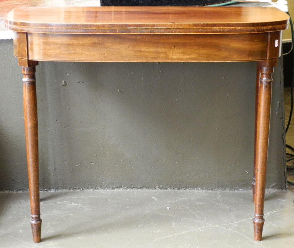 Banded Mahogany Demilune Games Table, 28 5/8" high.: Banded Mahogany Demilune Games Table, 28 5/8" high.