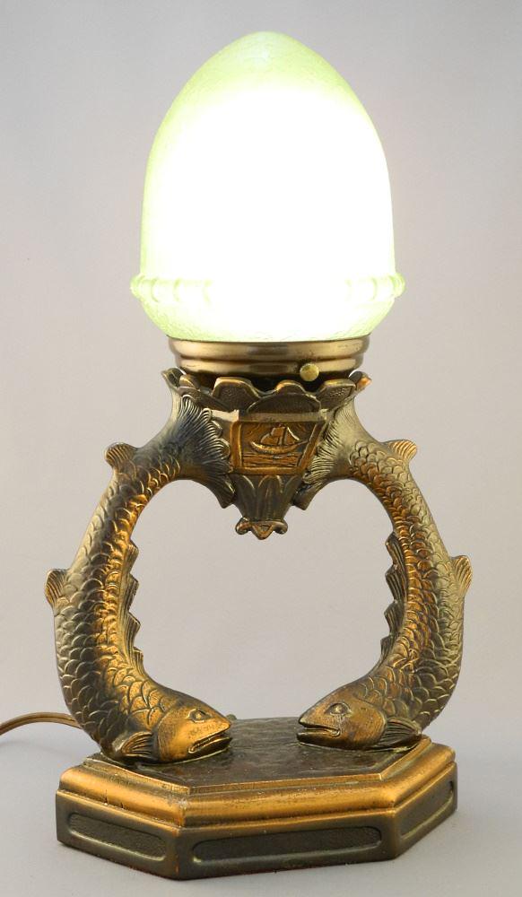 Copper Finish Double Fish Desk Lamp with Green Shade, (1 of 3)