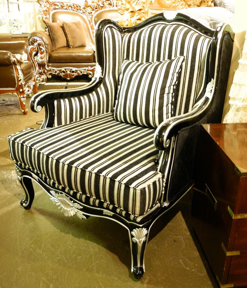 Louis XV Style Black Lacquer & Silver Striped Armchair, (1 of 2)