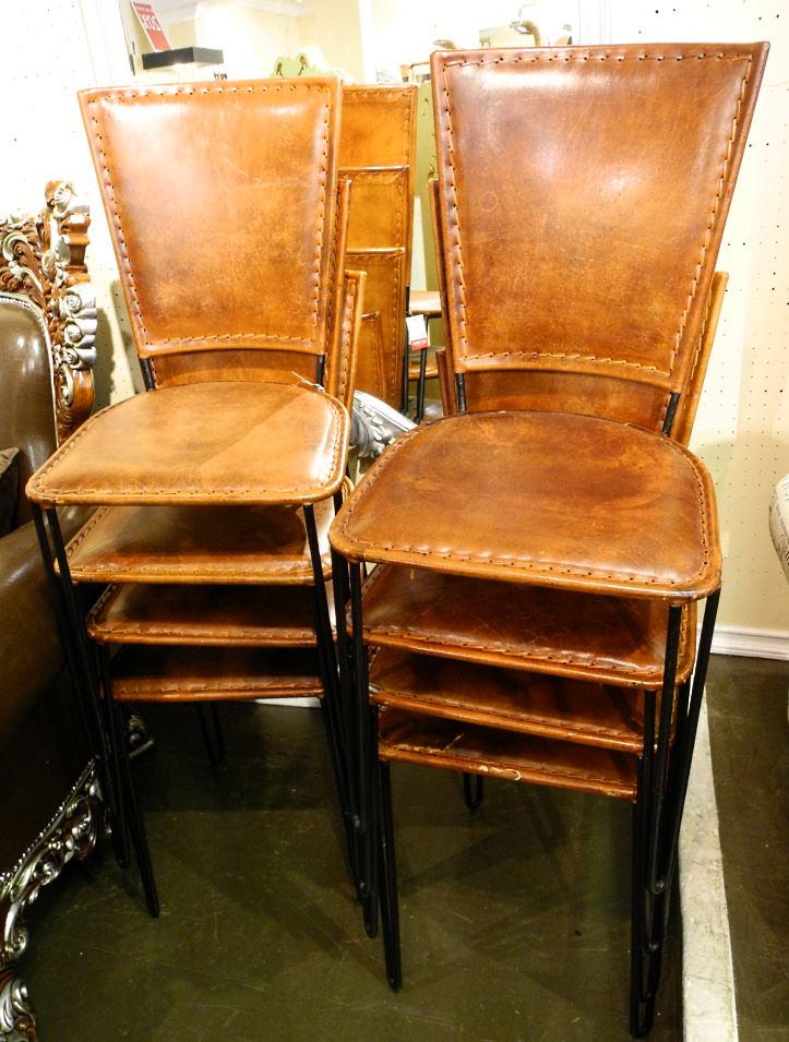 8 Brown Leather & Black Hair Pin Leg Dining Chairs.: 8 Brown Leather & Black Hair Pin Leg Dining Chairs.