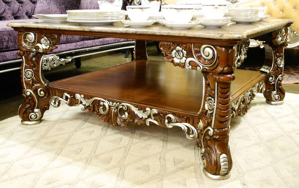 Louis XV Style Silver Finish Marble Top Low Table, 21": Louis XV Style Silver Finish Marble Top Low Table, 21" x 48" x 48".