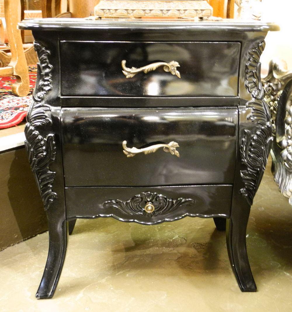 Pair of Black Louis XV Style Bombe Night Stands, 25" (1 of 3)