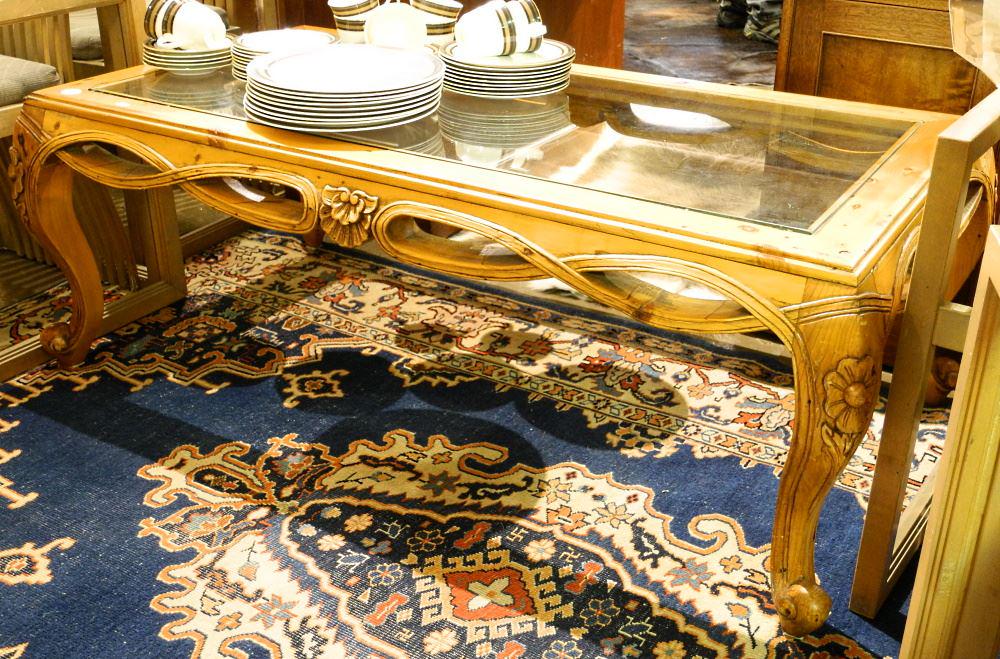 Carved Pine Glass Top Coffee Table.: Carved Pine Glass Top Coffee Table.