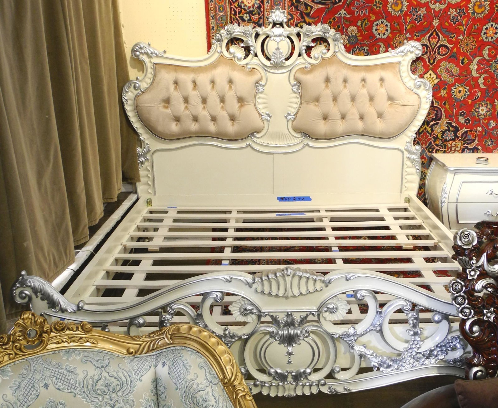 Louis XV Style Silver Finish & White Bedstead, 80" x: Louis XV Style Silver Finish & White Bedstead, 80" x 72".
