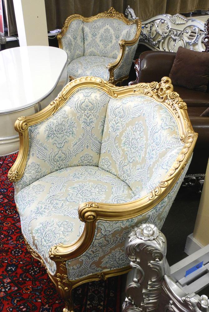 Pair of Giltwood Louis XV Style Armchairs with Embossed: Pair of Giltwood Louis XV Style Armchairs with Embossed Upholstery, 40" wide.
