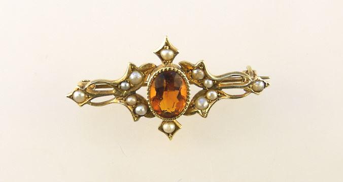 Edwardian 14K Yellow Gold Seed Pearl Brooch.: Edwardian 14K Yellow Gold Seed Pearl Brooch.