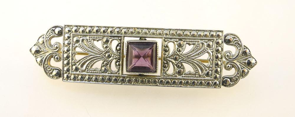 Etruscan Revival Marcasite & Amethyst Brooch.: Etruscan Revival Marcasite & Amethyst Brooch.