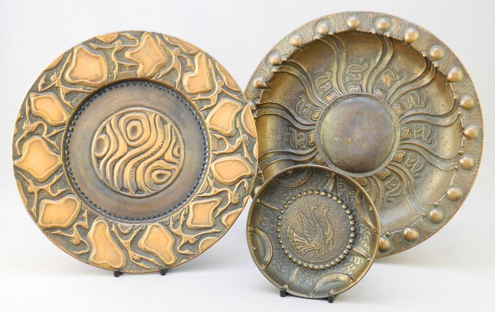3 Embossed Copper Dishes signed R. Fuhrmann, 4 1/2" - 9 (1 of 3)