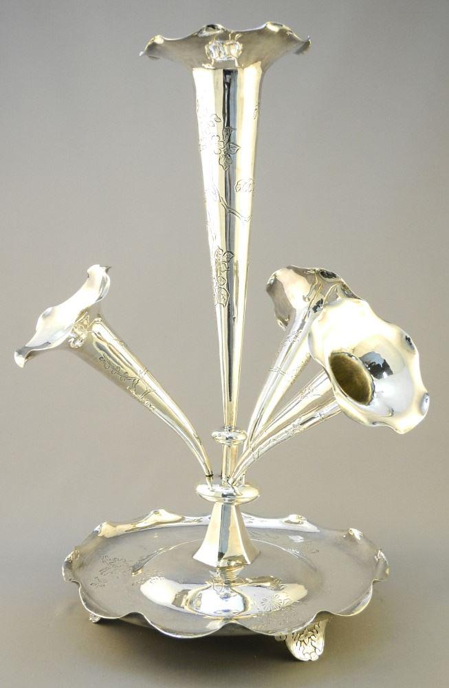 Silver Tone Metal Epergne, acquired in Malaya, 16": Silver Tone Metal Epergne, acquired in Malaya, 16" high.