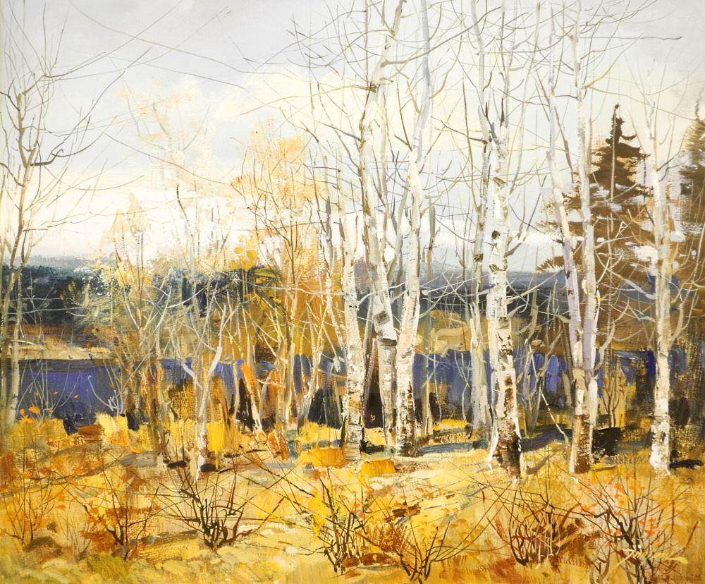 Oil on Canvas signed Tin Yan, 19 1/2" x 23 1/2",: Oil on Canvas signed Tin Yan, 19 1/2" x 23 1/2", "Riverside Birches".