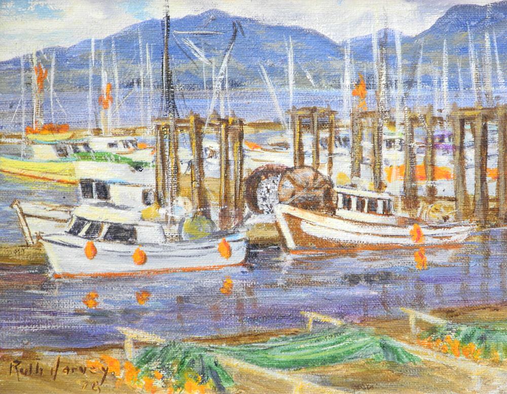 Oil on Panel signed Ruth Harvey '78, 7 3/4" x 9 1/2",: Oil on Panel signed Ruth Harvey '78, 7 3/4" x 9 1/2", "Fishing Boat at Prince Rupert".