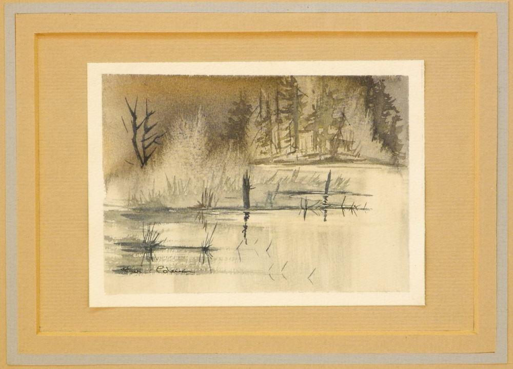 Pair of watercolours signed Sue Coleman, 3 1/2" x 4: Pair of watercolours signed Sue Coleman, 3 1/2" x 4 7/8", "Lake's Edge".