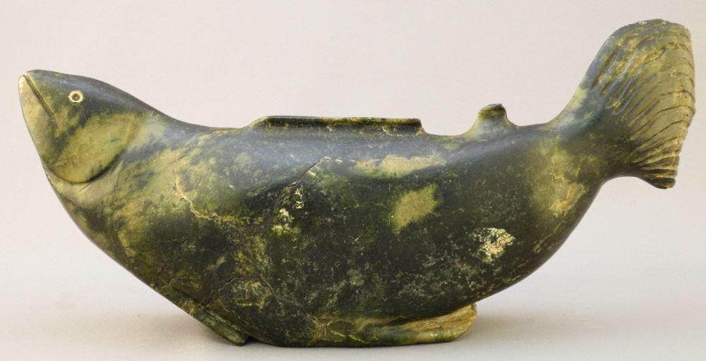 Inuit Stone Fish, unsigned, dark green stone, 11 3/4" (1 of 4)