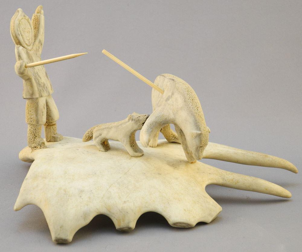 Inuit "Bear Attack" Antler Carving, unsigned, 5" x 8 (1 of 3)