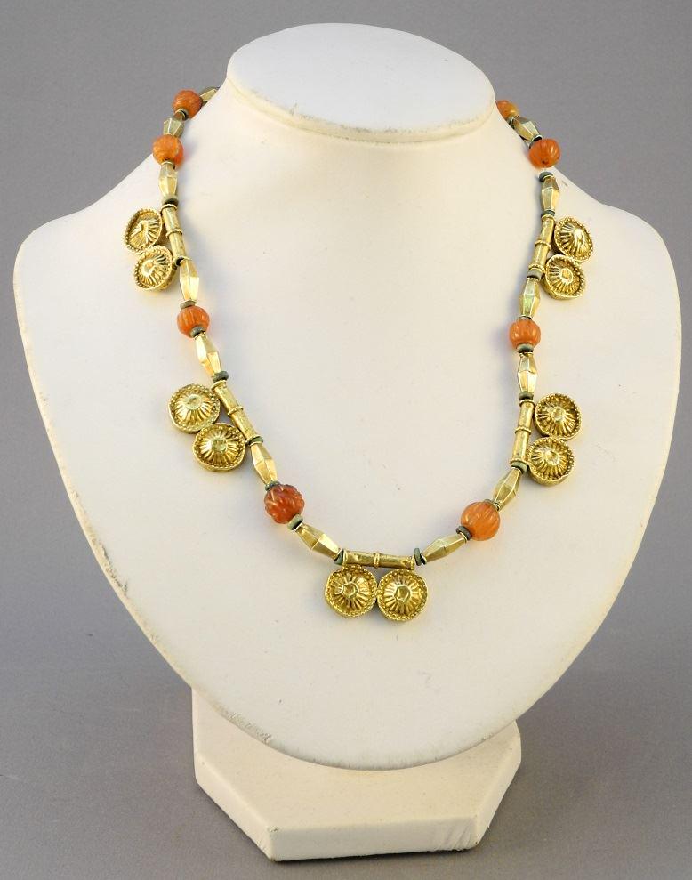 Necklace Crafted From 5 Pre Columbian "Dual Sun" Beads: Necklace Crafted From 5 Pre Columbian "Dual Sun" Beads with Carnelian & Gold Tone Spac