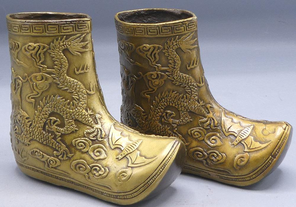 Pair of "Dragon Clouds" Boots Ornaments, 3 3/4" high.: Pair of "Dragon Clouds" Boots Ornaments, 3 3/4" high.